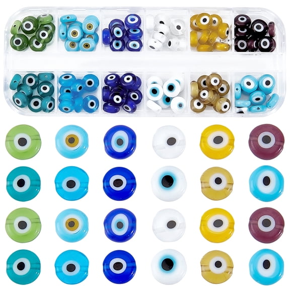 1 Box 12 Colors 120PCS Lampwork Evil Eyes Beads with Hole Handmade Turkish Glass Flat Round Colorful Charms Loose Spacer Bead Bulk