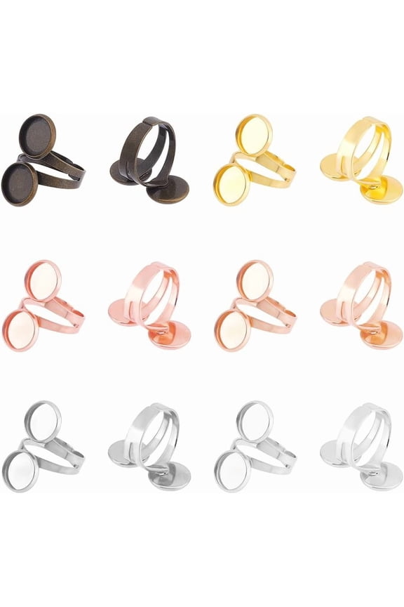 1 Box About 12 Set 6 Colors Ring Blank Base Finger Ring Making Kit Brass Cuff Finger Rings Components with Double Flat Round Glass Cabochons Findings Bezel Settings for Jewelry Making Supplies diy