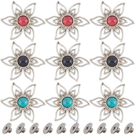 1 Box 12 Sets Turquoise Screw Back Buttons Silver Flower Decorative Buckle Artificial Turquoises Concho Replacement for DIY Leather Sewing Craft Purse Bag Hardware Accessories 1.38x1.2inch
