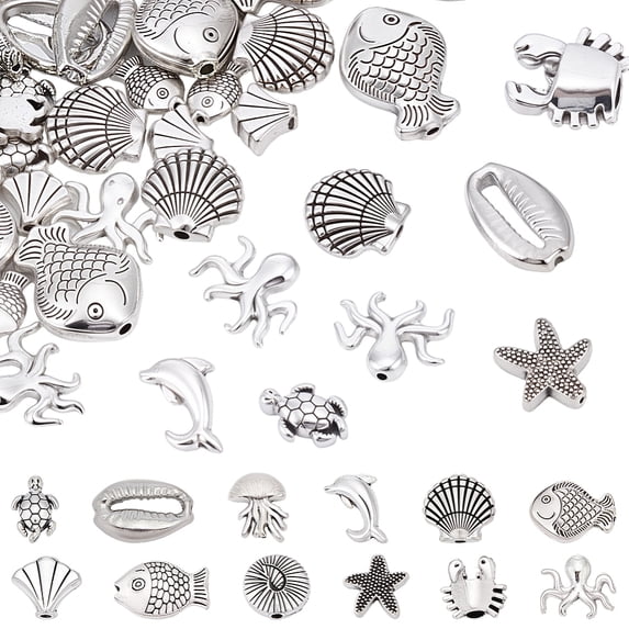1 Box 12 Styles 60PCS Ocean Alloy Beads with Hole Tibetan Silver Sea Animal Summer Star Fish Shell Assorted Metal Charms Loose Bead