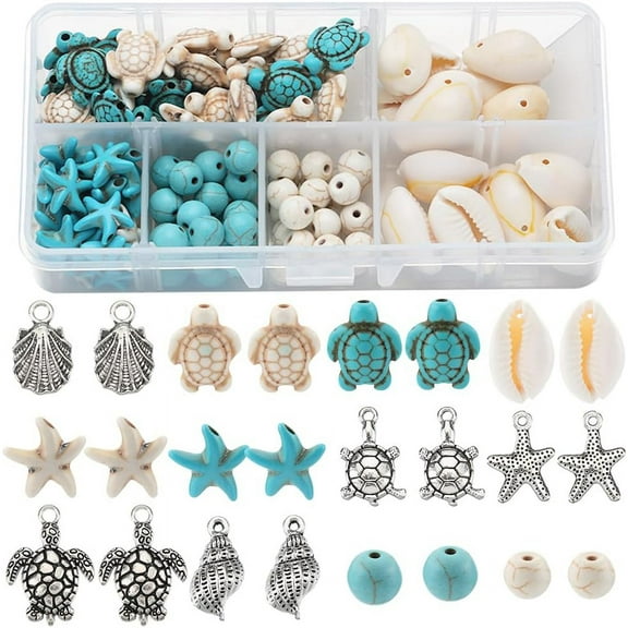 1 Box 12 Styles Turtle Beads Boho Style Starfish Beads Bulk Blue White Turquoise Sea Turtles Bead Charms Hawaii Shell Bead Round Loose Spacer Beads for Jewelry Making Beading Kits for DIY