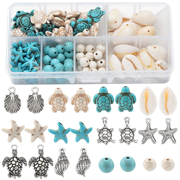 1 Box 12 Styles Turtle Beads Boho Style Starfish Beads Bulk Blue White Turquoise Sea Turtles Bead Charms Hawaii Shell Bead Round Loose Spacer