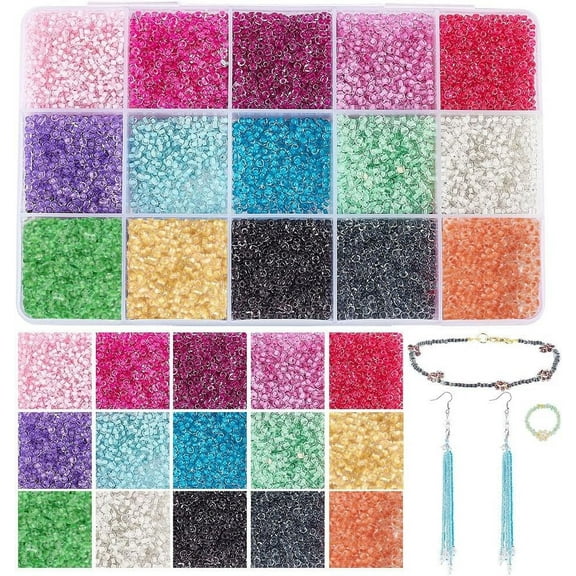 1 Box 12000pcs 12/0 Glass Seed Beads 15 Colors Pony Beads 2mm Tiny Seed Beads Transparent Silver Lined Seed Beads Mini Spacer Beads for Jewelry Necklace Bracelet Earring Making 0.8mm Hole