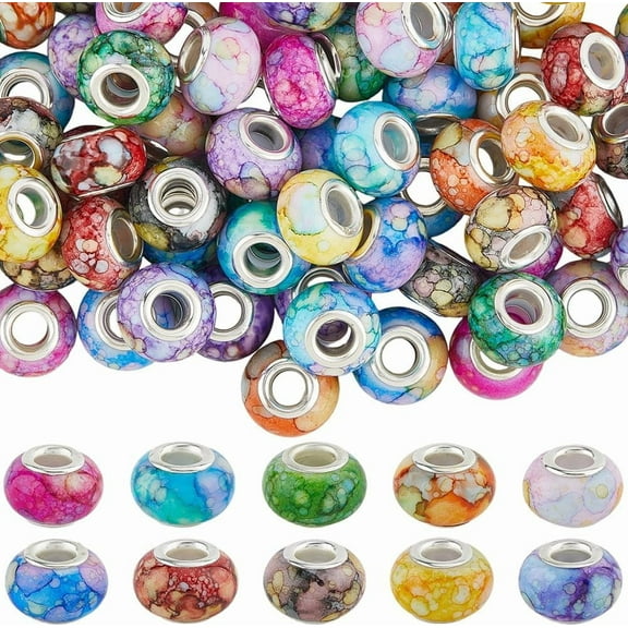 1 Box 120PCS 10 Styles Resin European Beads Large Hole with Silver Brass Cores Assorted Rondelle Watercolor Fairy Wand Spacer Charm Loose Bead