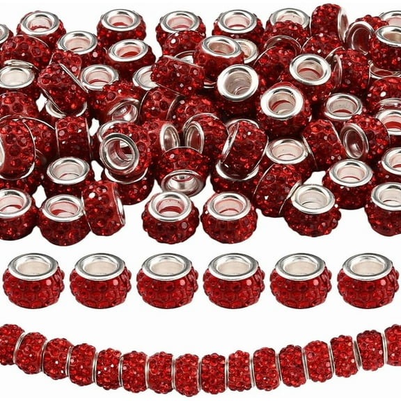 1 Box 120PCS European Rhinestone Beads Large Hole Red Diamond Hair Fairy Wand Clay Glitter Rondelle Spacer Charms Bead Bulk for DIY Jewelry Making Pens Bracelets DIY Craft Supplies