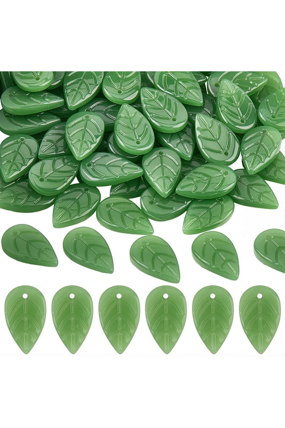1 Box 120PCS Green Glass Leaf Charms Beads with Holes Handmade Leaves Shaped Lampwork Plant Tree Spring Loose Spacer Bead Bulk