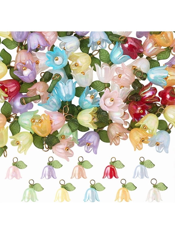 1 Box 120Pcs 10 Colors Floral Acrylic Charms Lily Flower Charms Bulk Brass Loops Plastic Blossom Spring Colorful Dangle Flowers Pendants for Jewelry Making Supplies DIY Earring Bracelet Gold DIY