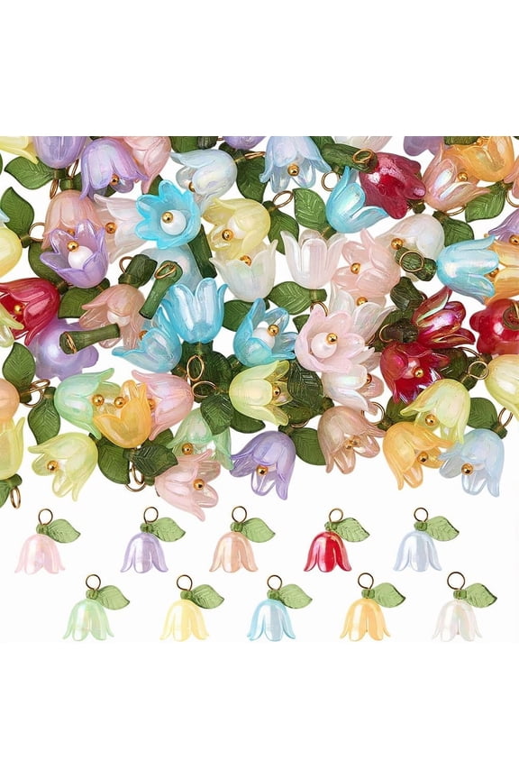 1 Box 120Pcs 10 Colors Floral Acrylic Charms Lily Flower Charms Bulk Brass Loops Plastic Blossom Spring Colorful Dangle Flowers Pendants for Jewelry Making Supplies DIY Earring Bracelet Gold DIY