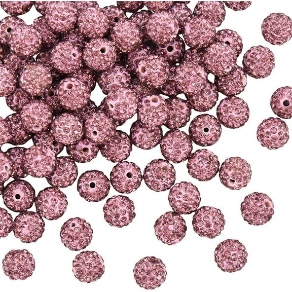 1 Box 120Pcs 10mm Pave Disco Ball Beads Fuchsia Rhinestone Bead Bulk Small Polymer Clay Glass Pink Purple Round Charms Crystal Diamond Pen Bead for Jewelry Making DIY Necklace Bracelet Women DIY