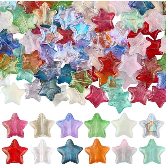 1 Box 120Pcs 12 Colors Star Glass Beads with Holes Lampwork Pentagram Shiny Gold Sand Loose Spacer Bead Bulk for Jewelry Making Earrings Bracelets Necklaces Decor DIY Craft Supply