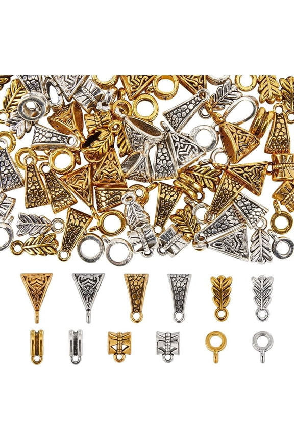 1 Box 120Pcs 12 Styles Bail Bead Charms Clasp Bail Beads Alloy Tibetan Silver Tube Loop Column Leaf Triangle Flat Round Gold Hanger Links Spacer Bead