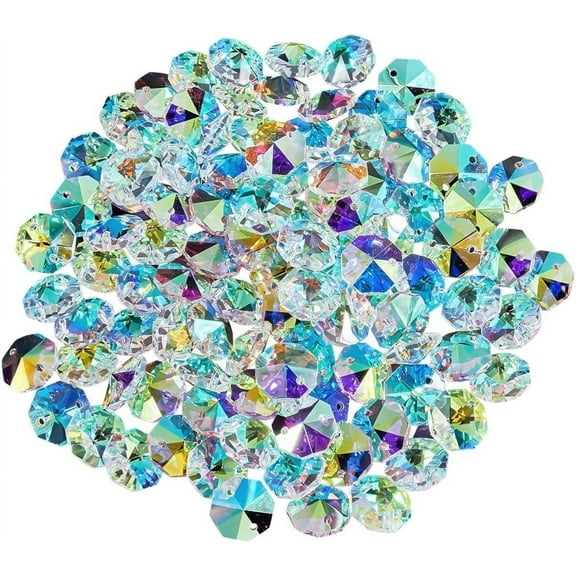 1 Box 120Pcs 14mm Crystal Glass Octagon Beads 2 Hole Prism Bead Bulk Colorful Chandelier Replacement Connector Suncatcher Faceted Spacer Bead for DIY Lamp Hanging Ornament Pendant Jewelry
