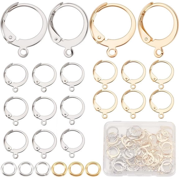 1 Box 120Pcs 2 Colors 24K Gold Plated Stainless Steel Round Leverback Hooks French Ear Wires Lever Back Earrings Hoops with Open Loop Jump Rings for Dangle DIY Jewelry Making 0.6x0.5 in Colorful