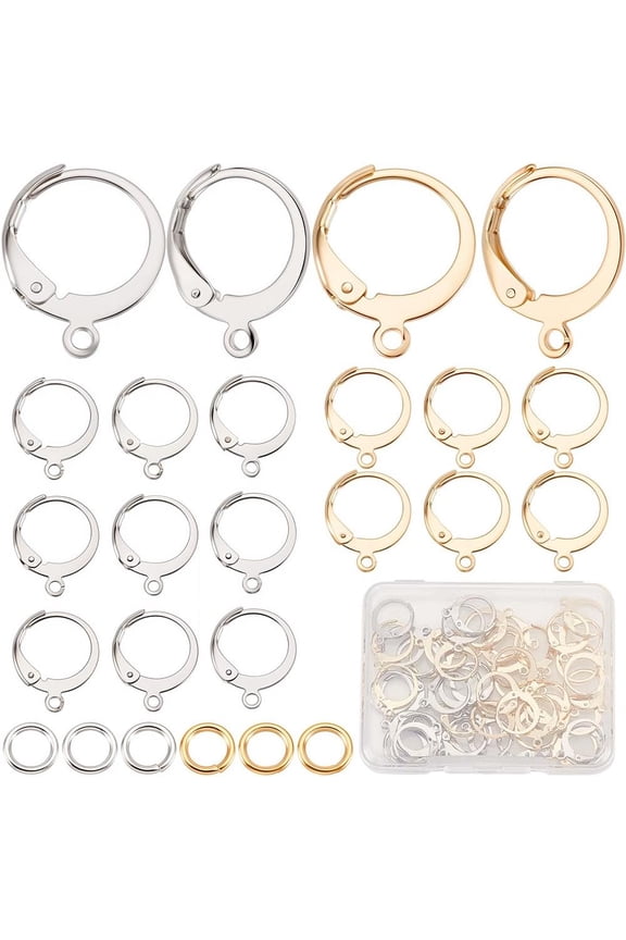 1 Box 120Pcs 2 Colors 24K Gold Plated Stainless Steel Round Leverback Hooks French Ear Wires Lever Back Earrings Hoops with Open Loop Jump Rings for Dangle DIY Jewelry Making 0.6x0.5 in for DIY