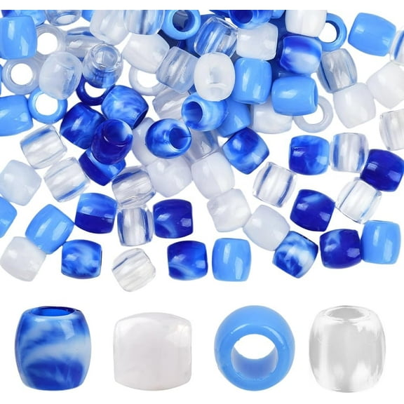 1 Box 120Pcs 4 Colors Large Hole Braid Beads Resin Hair Beads Bulk Blue White Clear Jumbo Braids Loc Dreadlock Loose Spacer Hair Accessories for Jewelry Making Bracelet DIY Craft Supplies