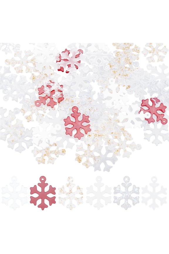 1 Box 120Pcs 6 Colors Christmas Snowflakes Charms Resin Snowflake Charm Bulk Transparent Red White Tiny Glitter Xmas Winter Snow Shaped Mini Charm for Jewelry Making Charms DIY