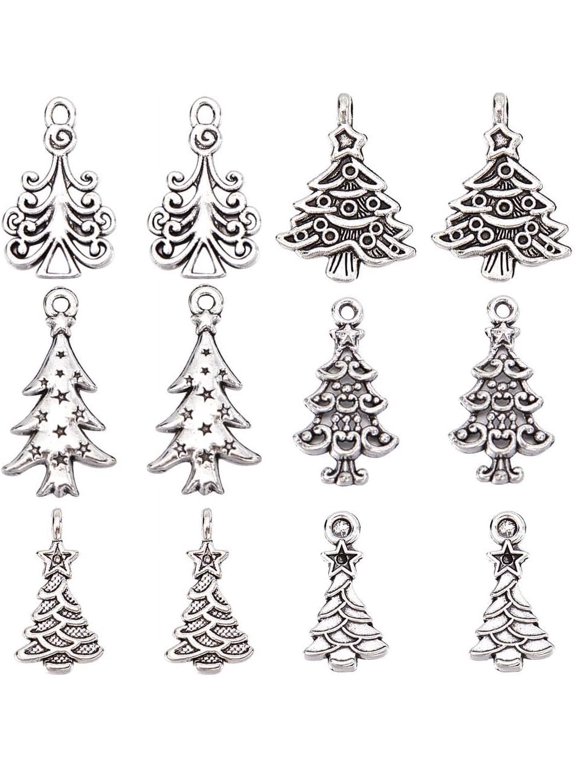 1 Box 120Pcs 6 Style Christmas Tree Charms Christmas Charms Bulk Tibet Style Alloy Xmas Tree Charms Winter Trees Charms for Jewelry Making Charms DIY Earrings Necklace Craft Silver Silver