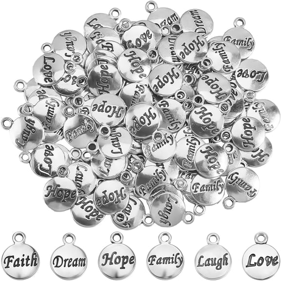 1 Box 120Pcs 6 Styles Inspirational Words Charms Motivational Silver Charms Bulk Round Message Vintage Alloy Saying Inspiration Pendants DIY