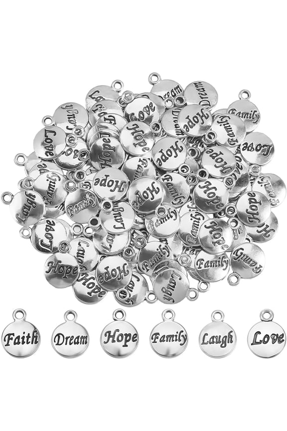 1 Box 120Pcs 6 Styles Inspirational Words Charms Motivational Silver Charms Bulk Round Message Vintage Alloy Saying Inspiration Pendants DIY