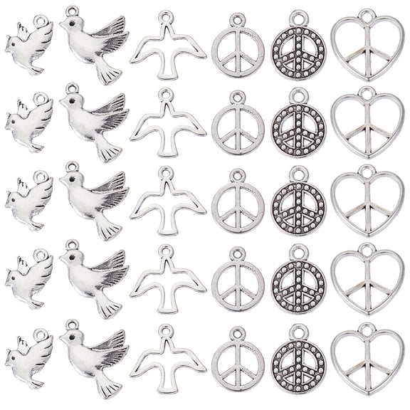 1 Box 120Pcs 6 Styles Peace Sign Charm Charms Bulk Silver Metal Alloy Peace Dove Flat Round Bird Heart Charm Dangle Charm for Jewelry Making Charms