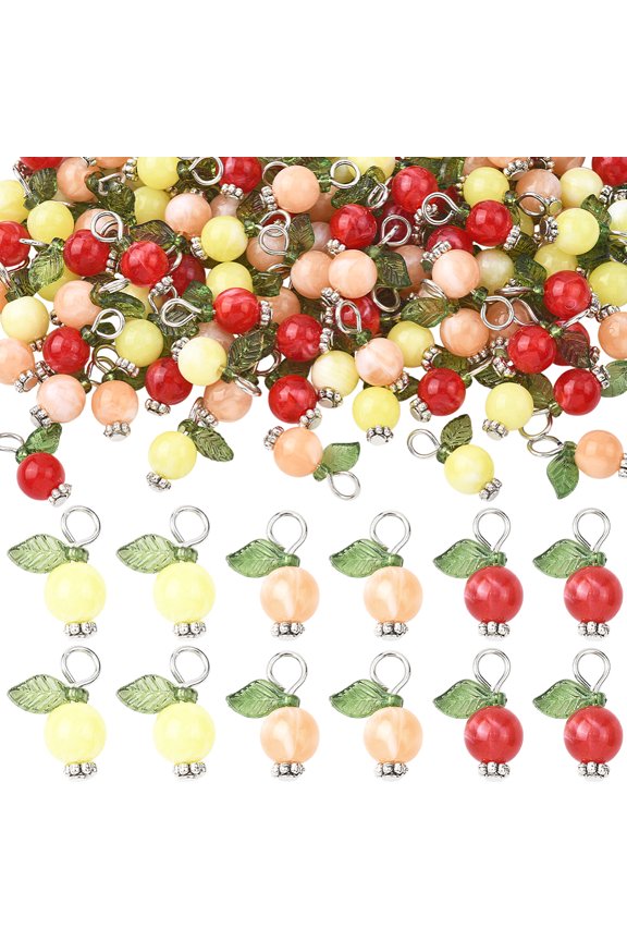 1 Box 120Pcs Acrylic Fruit Charms Plastic Food Charms with Green Leaf and Iron Loop Imitation Fruits Pendants DIY