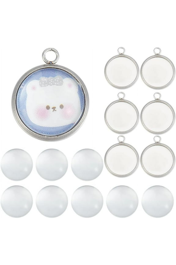 1 Box 120Pcs Bezel Tray Blanks Pendant Tray Kit Stainless Steel Pendant Bezels Round Clear Cabochon Domes Set for Jewelry Making Charms DIY Craft Photo Findings Clear