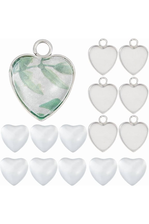 1 Box 120Pcs Blank Bezel Trays Photo Charm Stainless Steel Bezel Blanks Memorial Photo Pendant Heart Pendant Tray Cabochon Settings for Bouquet Wedding Graduation Decor Clear DIY