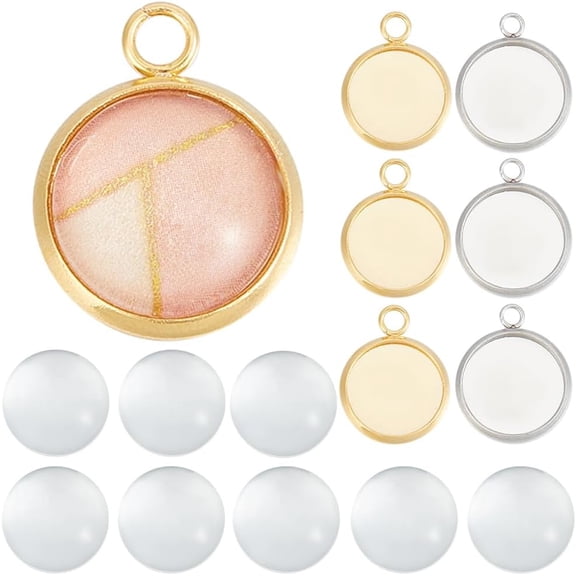 1 Box 120Pcs Blank Dome Pendant Making Kit Cabochon Settings Bezel Pendant Blanks Memorial Photo Charm Transparent Glass Cabochons with Round Pendant Trays for DIY Findings