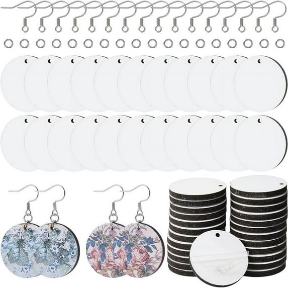 1 Box 120Pcs Earring Sublimation Blanks Bulk Round White Wooden Earring Blanks with Earring Hooks and Jump Rings Heat Transfer Dangle Earrings Making Kits for Printing DIY Craft Supplies