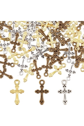 1 Box 120Pcs Easter Holiday Cross Charms Bulk Gold Cross Charm Silver Tibetan Rosary Holiday Small Center Crosses Dangle Charm for Jewelry Making Charms DIY Necklace Earring Adults Craft