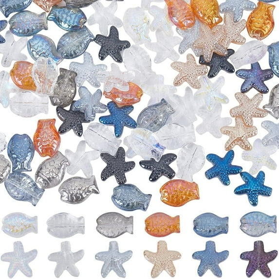 1 Box 120Pcs Glass Fish Beads Glass Starfish Beads Ocean Summer Hawaii Sea Animals Beads Fish Starfish Bead Bulk Electroplate Glass Beads for Jewelry Making Beading Kit DIY Craft Supplies