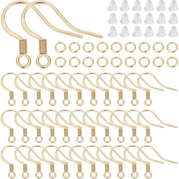 1 Box 120Pcs Real 18K Gold Plated Earring Hooks French Hook Ear Wires & 120Pcs Jump Rings & 120pcs Ear Backs Stainless Steel Fish Hook Earring Findings for DIY Dangle Earrings Jewelry Making