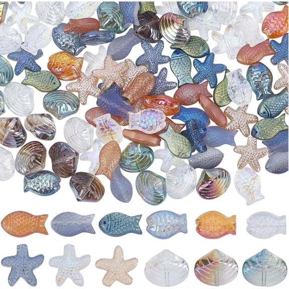 1 Box 120Pcs Sea Glass Beads Glass Fish Beads Starfish Shell Beads Ocean Summer Hawaii Sea Animal Beads Electroplate Glass Bead Seashell Beads for Jewelry Making Women Adults DIY Supplies DIY