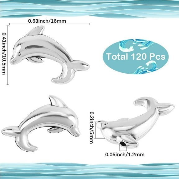 1 Box 120Pcs Silver Dolphin Beads Sea Animal Bead Antique Alloy Metal 3D Small Summer Life Hawaii Ocean Themed Loose Spacers for Jewelry Making DIY Crafts Bracelets Hair Ties Supplies Women