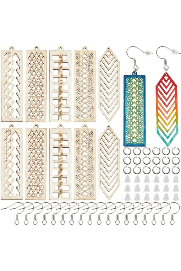 1 Box 120Pcs Wood Earring Making Kit Unfinished Wood Charms Bohemian Blank Wooden Charm Rectangle Hollow Earring Charms for Jewelry Making Kits DIY Dangle Earrings Adults Gift Supplies