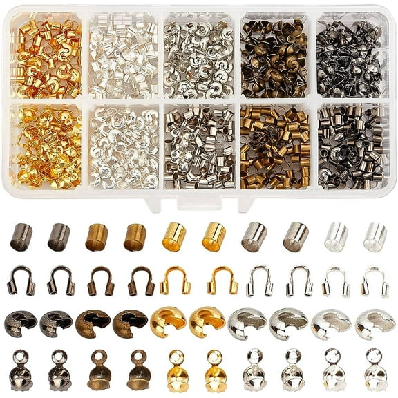 1 Box 1250Pcs 4 Styles Brass Crimp Beads Iron Bead Tips Brass Crimp Beads Covers Brass Wire Guardians Jewelry Making Findings Supplies Kit for Bracelet Necklace Craft Jewelry Making Colorful