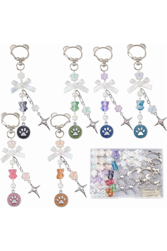 1 Box 126Pcs Keychain Making Kits Bear Keychain Set Colorful Bear Beads Animal Paw Print Charm Bears Charms Acrylic Glass Spacer Beads for Keychains Making Women Adults Crafts Supplies White DIY