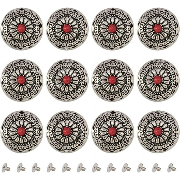1 Box 12PCS 30mm Round Shape Conchos Screw Back Buttons Red Turquoise Vintage Metal Buttons Sunflower Decorative Screws Rivets Buckles Replacement Buttons for DIY Leather Craft