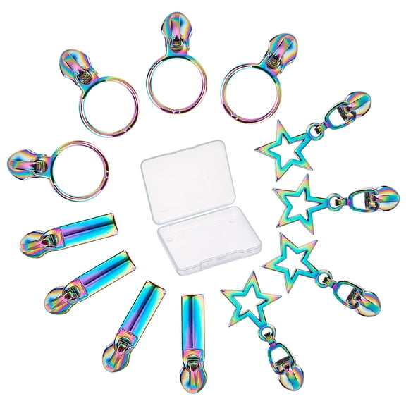 1 Box 12PCS Rainbow Zipper Pulls #3#5 Sliders Auto Lock Zipper Pull Colorful Star Round Rectangle Metal Replacement Repair Kit Bulk Teeth