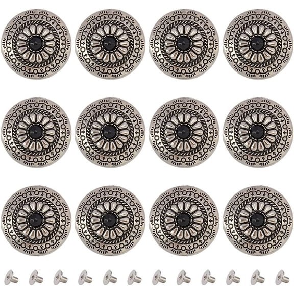 1 Box 12PCS Screw Back Buttons - 30mm Round Shape Conchos Black Artificial Turquoise Vintage Decorative Screws Rivets Buckles for DIY Leather Craft Decor