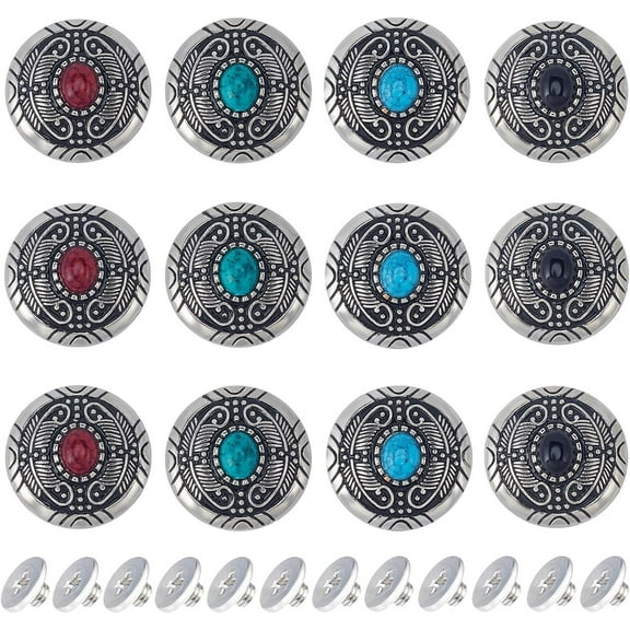 1 Box 12PCS Screw Back Buttons 4 Colors 30mm Turquoise Concho Buttons Cat Eye Engraved Metal Buttons Replacement Vintage Alloy Buckle for DIY Leather Craft Bag Fabrics Sewing Decoration