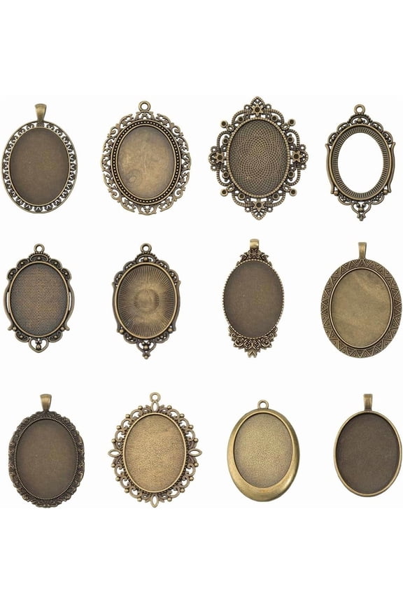 1 Box 12Pcs 12 Styles Bezel Pendant Blanks Bronze Pendant Trays Bulk Frame Metal Cameo Oval Photo Charms for Jewelry Making DIY Craft Bouquet Bridal Wedding Brides Graduation Women