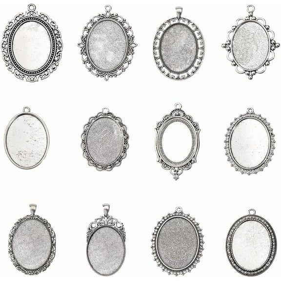 1 Box 12Pcs 12 Styles Silver Bezel Trays Oval Pendant Blanks Antique Silver Frame Metal Cameo Pendants Trays for Jewelry Making DIY Craft Bouquet Bridal Wedding Brides Graduation Adults