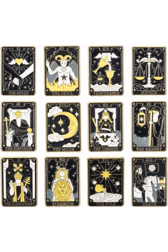 1 Box 12Pcs 12 Styles Tarot Card Enamel Pin Constellation Brooch Black Gold Metal Zinc Alloy Divination Themed Moon Star Sun Lapel Pins Set for Backpacks Bags Clothing Decor Accessories Gold