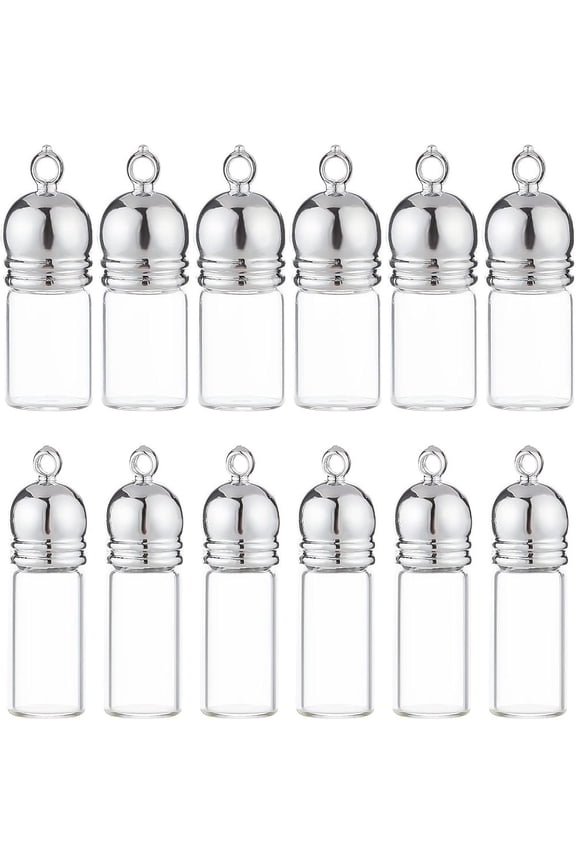 1 Box 12Pcs 2 Style Glass Bottle Pendants with Plastic Cap Openable Perfume Bottle Refillable Bottles Clear 29mm and 34.5mm Hole: 2.5mm