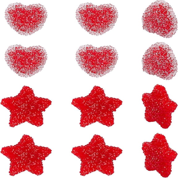 1 Box 12Pcs 2 Style Resin Beads for Valentine's Day with Rhinestone Imitation Candy Food Style Heart & Star Red 6pcs/style