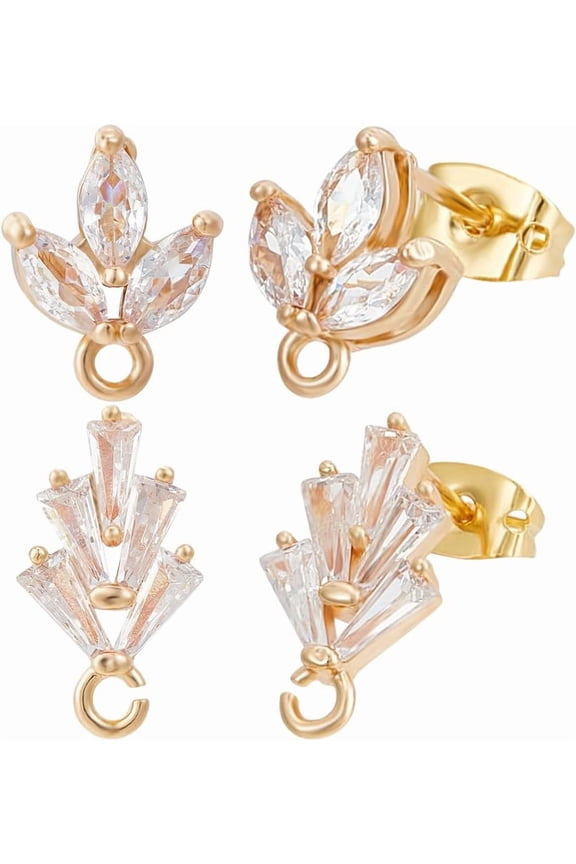 1 Box 12Pcs 2 Styles Flower Stud Earring Findings 18K Gold Plated Cubic Zirconia Blossom Leaf Earrings Studs with Dangle Loop and Ear Nuts for Jewellery Earring Making Findings Gold