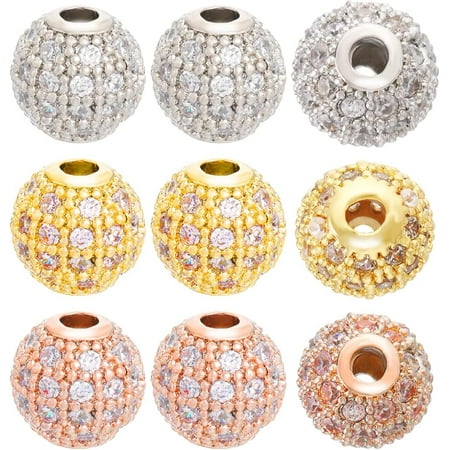 1 Box 12Pcs 3 Colors Rack Plating Brass Cubic Zirconia Beads Long-Lasting Plated Round Mixed Color 8x7mm Hole: 2mm 4pcs/color