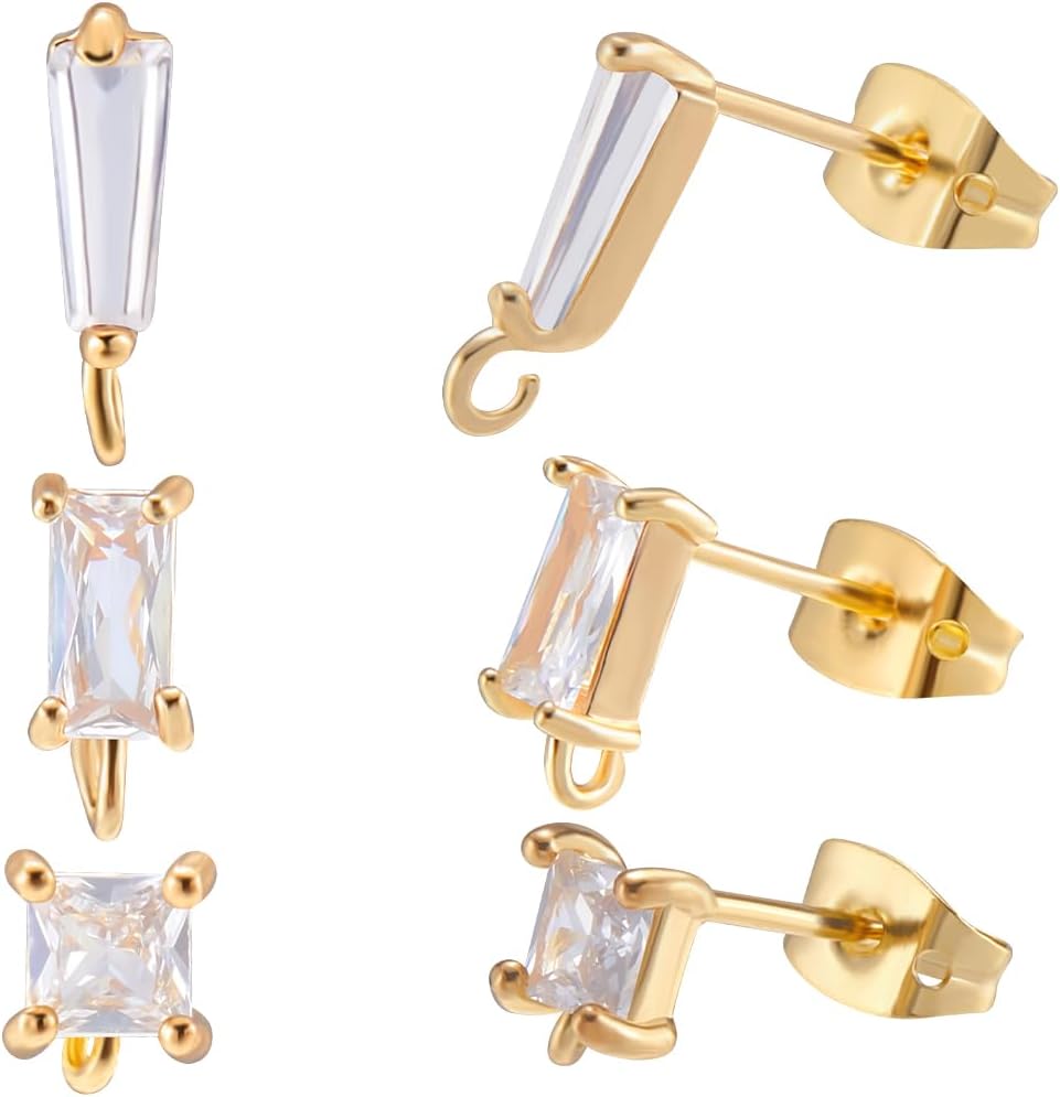1 Box 12Pcs 3 Styles Cubic Zirconia Stud Earring Findings 18K Gold ...