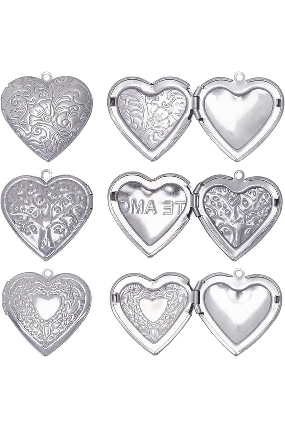 1 Box 12Pcs 3 Styles Heart Locket Pendants Photo Frame Charm Stainless Steel Openable Memorial Photos Picture Silver Lockets Charm for Jewelry Making Charms Supplies DIY Necklace Crafts
